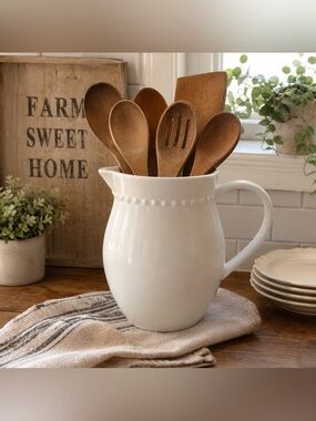 Roscher White Porcelain Beaded Pitcher Farmhouse Water Jug Vase